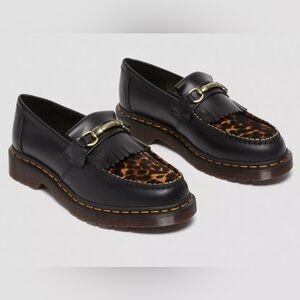 Dr. Martens Black Leather Adrian Loafers with Leopard Print